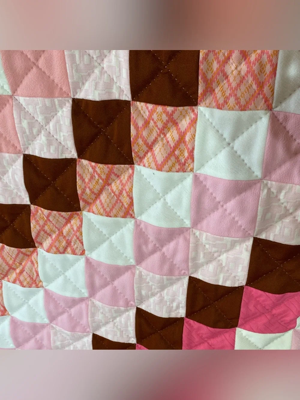 Vintage Polyester Jacob's Ladder Pink Brown Quilt 76